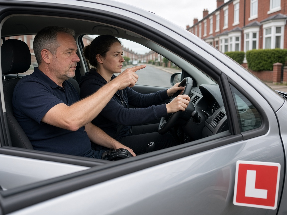 Driving instructor explaining the car controls to a learner