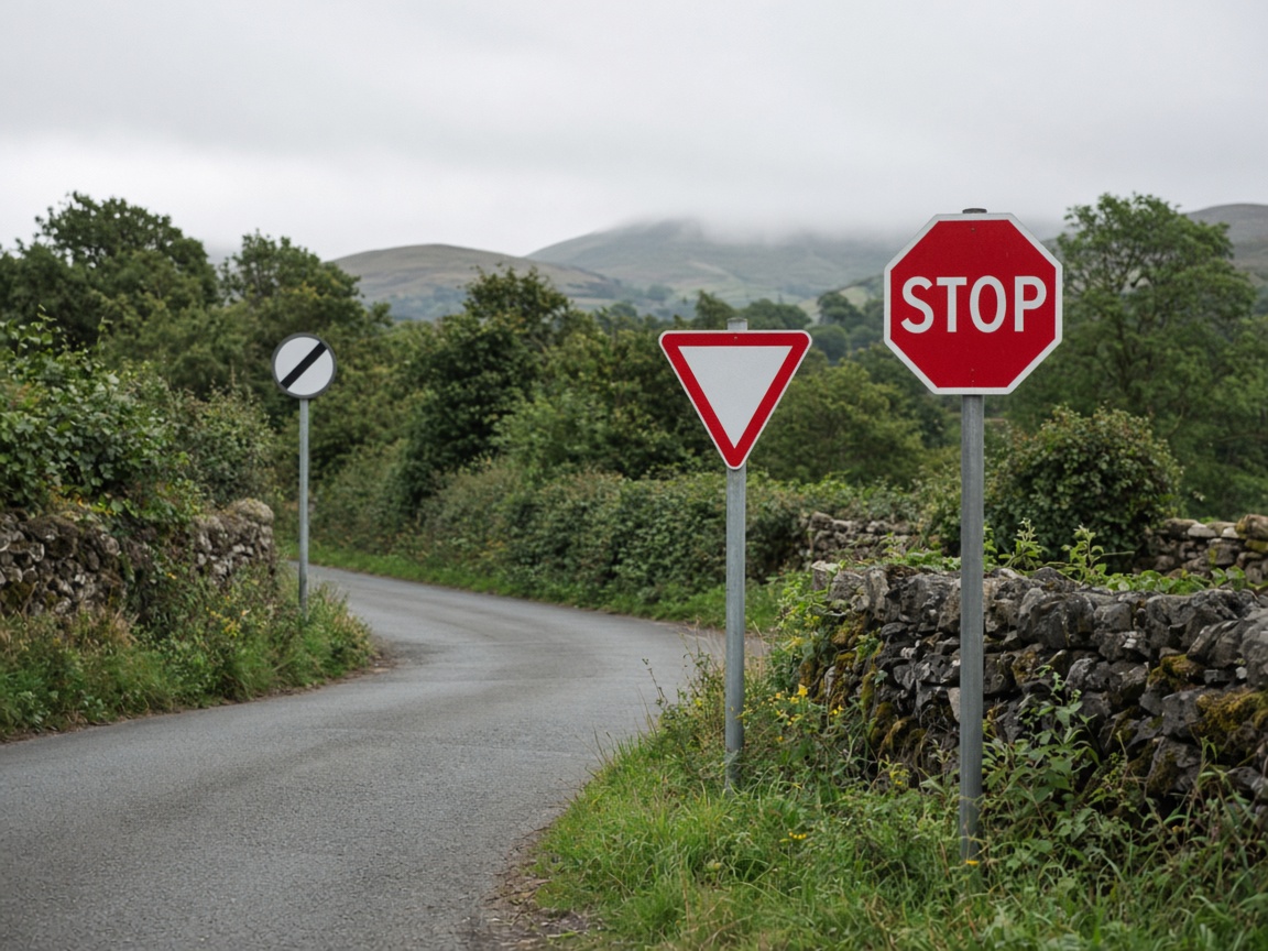 British STOP, Give Way and national speed limit signs at a road junction