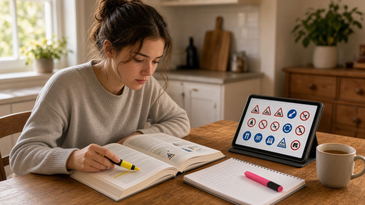 Learner studying the Highway Code and road signs for the theory test
